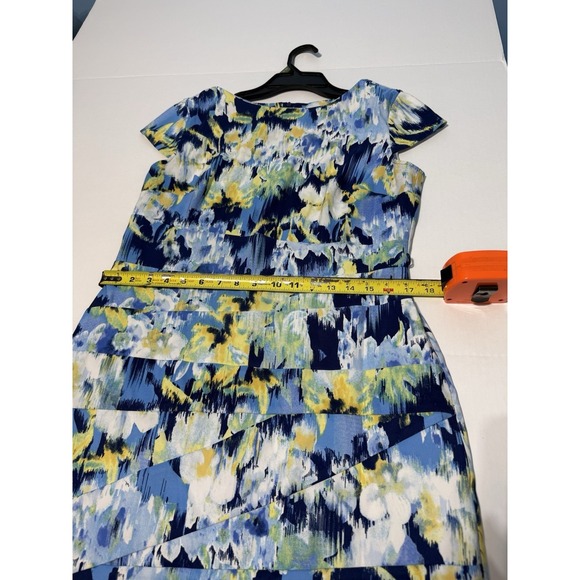 AGB Blue Yellow Floral Sheath Dress Cap Sleeve Midi Stretch Twill Size 14 - Picture 5 of 11